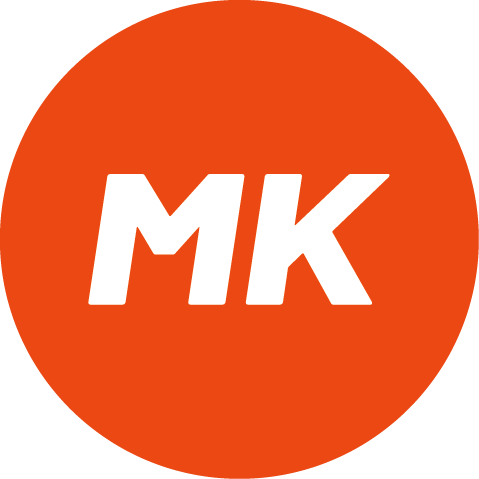 MK logo white letters MK on an orange circular background